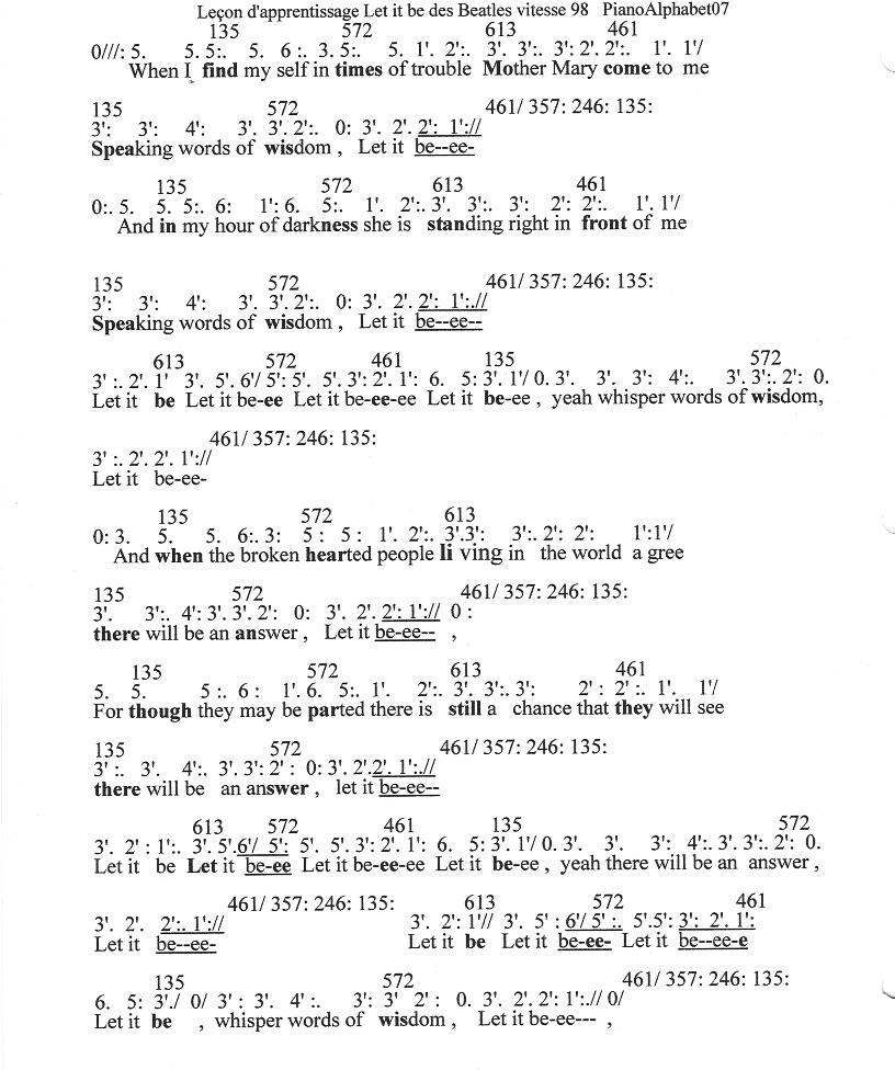 Page 1, Voici un échantillon gratuit Let it be des Beatles en numéro PianoAlphabet07